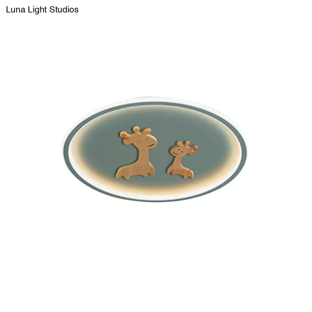 Kids Deer Pattern Oval Flush Mount Light - Acrylic Led Ceiling Lamp For Bedroom (Blue/Pink/Black)