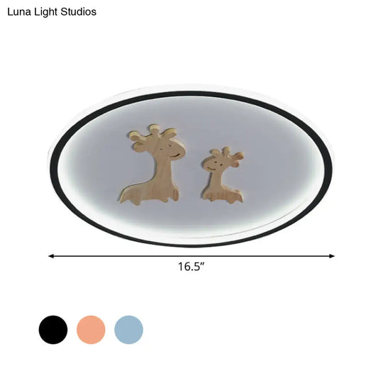 Kids Deer Pattern Oval Flush Mount Light - Acrylic Led Ceiling Lamp For Bedroom (Blue/Pink/Black)