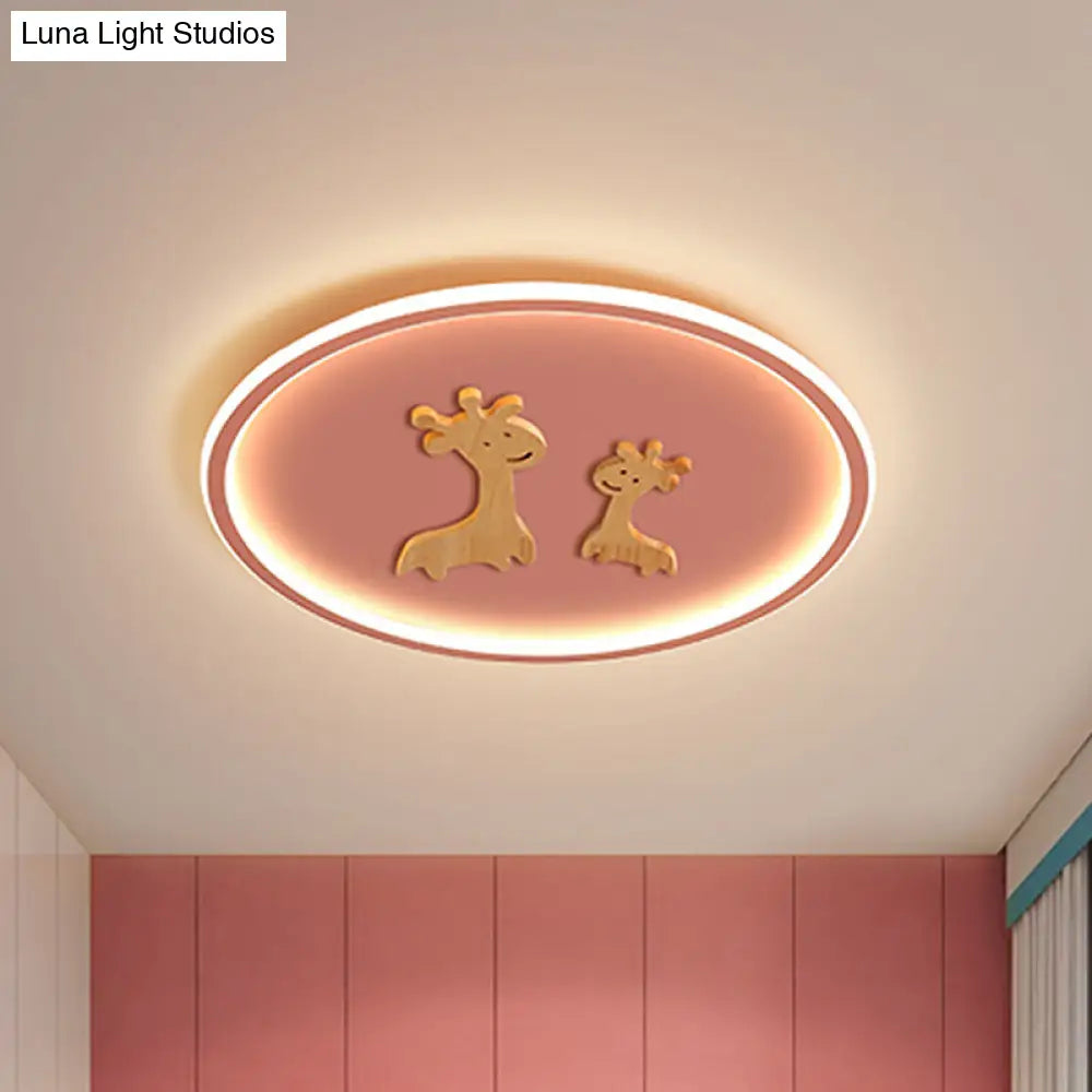 Kids Deer Pattern Oval Flush Mount Light - Acrylic Led Ceiling Lamp For Bedroom (Blue/Pink/Black)