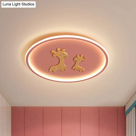 Kids Deer Pattern Oval Flush Mount Light - Acrylic Led Ceiling Lamp For Bedroom (Blue/Pink/Black)