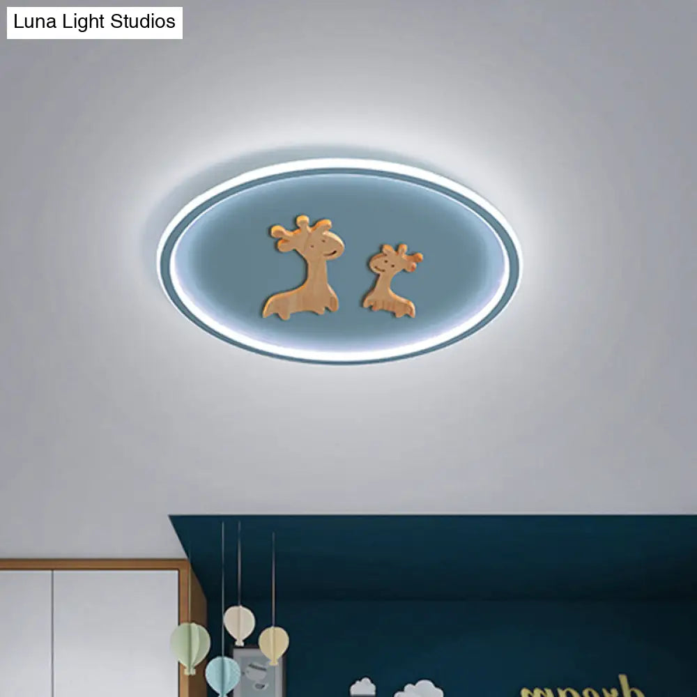 Kids Deer Pattern Oval Flush Mount Light - Acrylic Led Ceiling Lamp For Bedroom (Blue/Pink/Black)