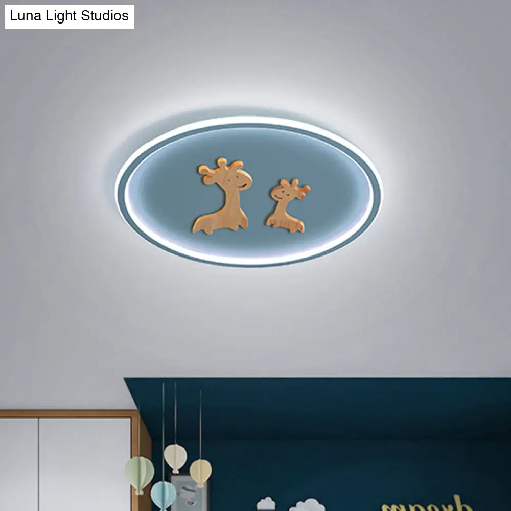 Kids Deer Pattern Oval Flush Mount Light - Acrylic Led Ceiling Lamp For Bedroom (Blue/Pink/Black)