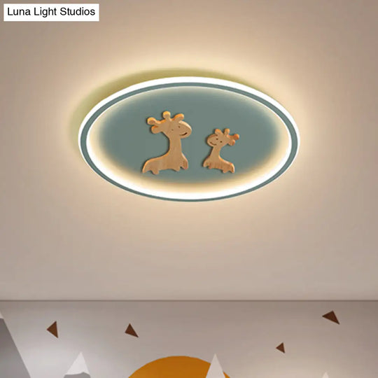 Kids Deer Pattern Oval Flush Mount Light - Acrylic Led Ceiling Lamp For Bedroom (Blue/Pink/Black)