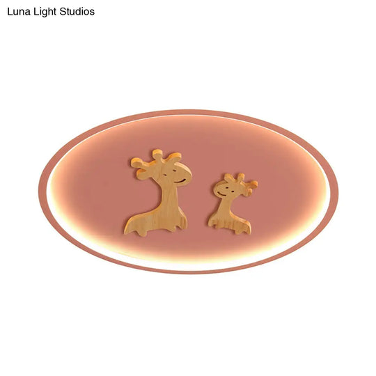 Kids Deer Pattern Oval Flush Mount Light - Acrylic Led Ceiling Lamp For Bedroom (Blue/Pink/Black)