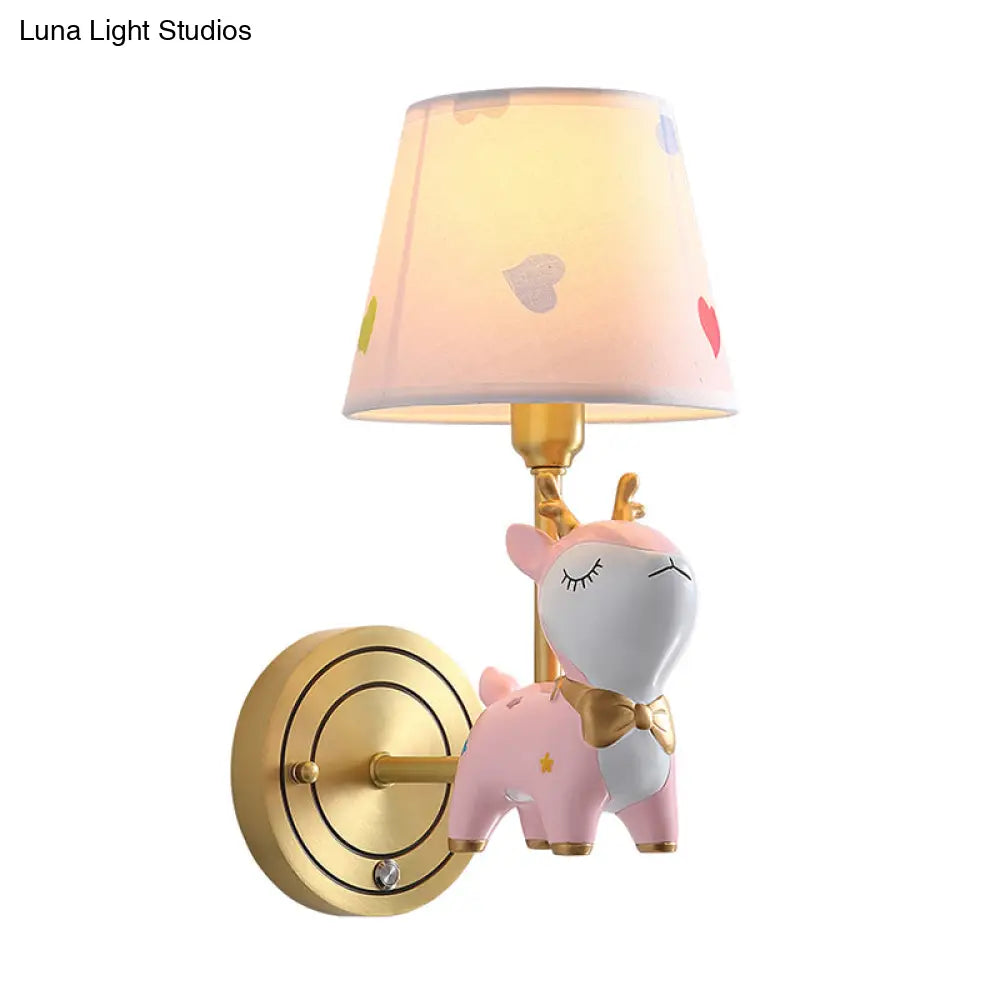 Kids Deer Wall Mount Light Resin Child Room Lighting With Pink Fabric Shade