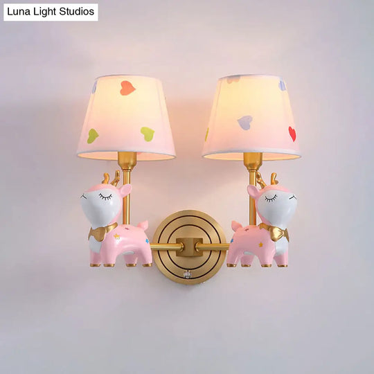 Kids Deer Wall Mount Light Resin Child Room Lighting With Pink Fabric Shade