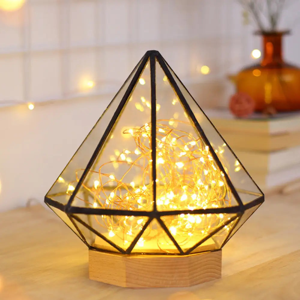 Kids Diamond Night Lamp: Transparent Glass Led Table Light With Cartoon Process And Glow String