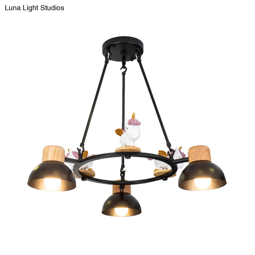 Kids Domed Pendant Chandelier: Metal 3/6-Light Suspension Lighting With Deer/Horse Decor In