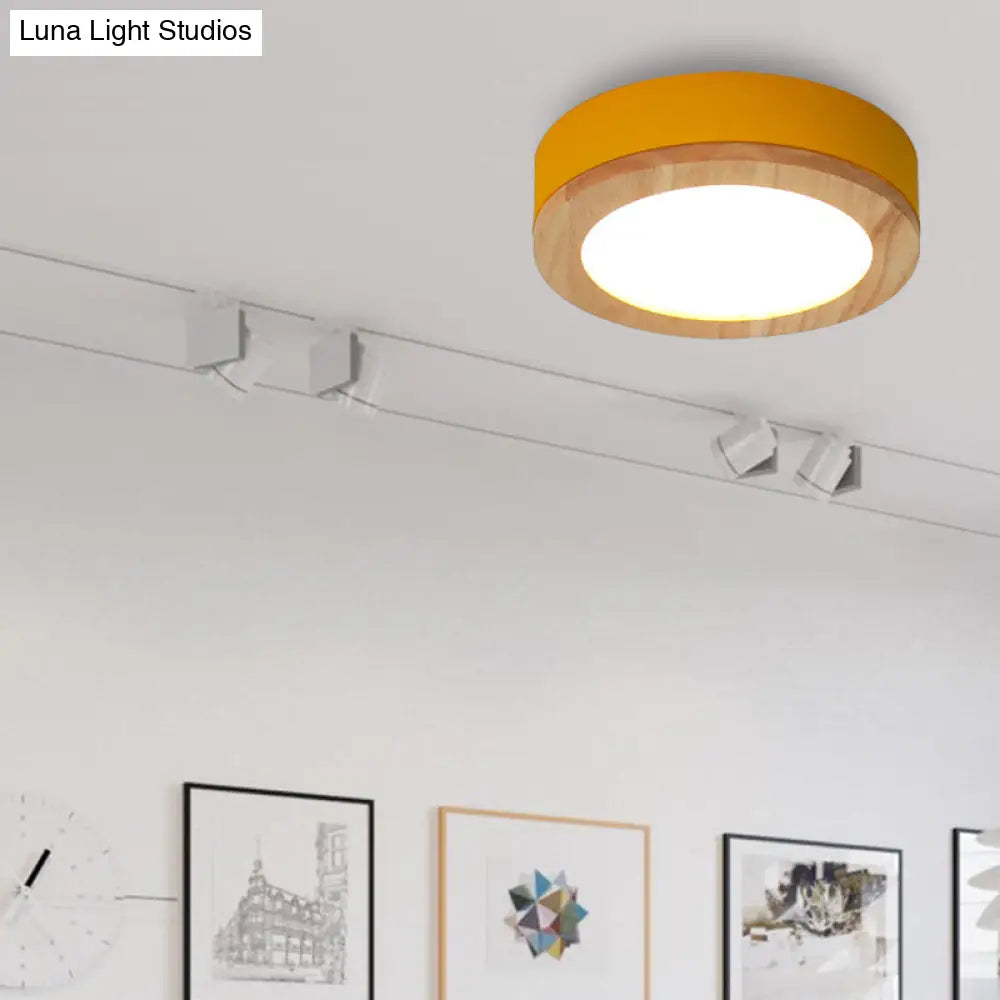 Kids Drum Ceiling Light With Wood And Acrylic Shade - Ideal Bedroom Flush Mount Fixture Yellow / 12