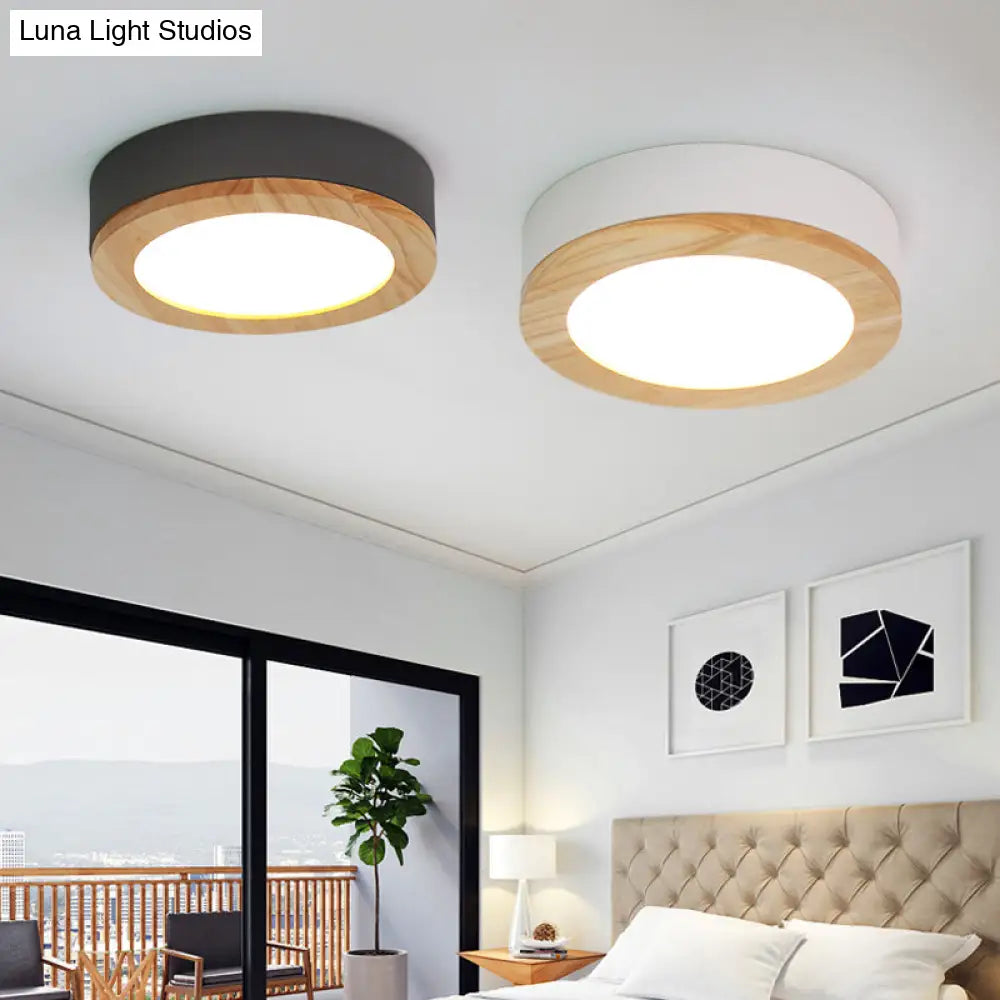 Kids Drum Ceiling Light With Wood And Acrylic Shade - Ideal Bedroom Flush Mount Fixture