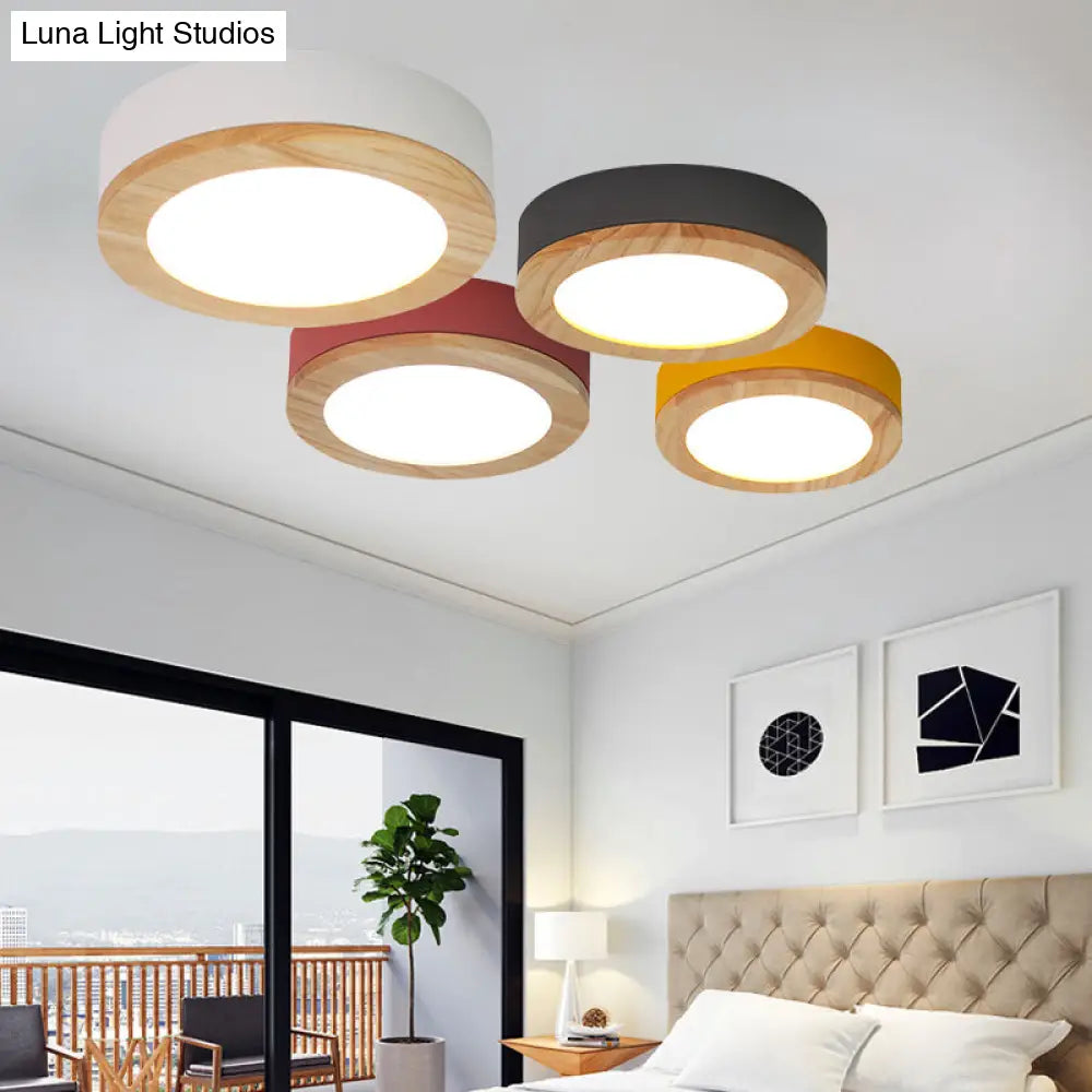 Kids Drum Ceiling Light With Wood And Acrylic Shade - Ideal Bedroom Flush Mount Fixture