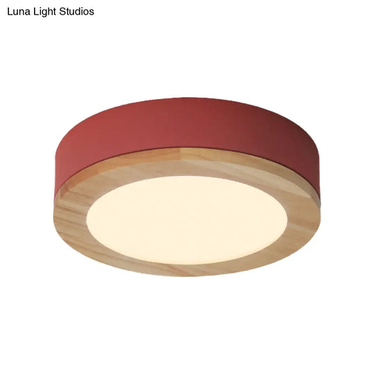 Kids Drum Ceiling Light With Wood And Acrylic Shade - Ideal Bedroom Flush Mount Fixture