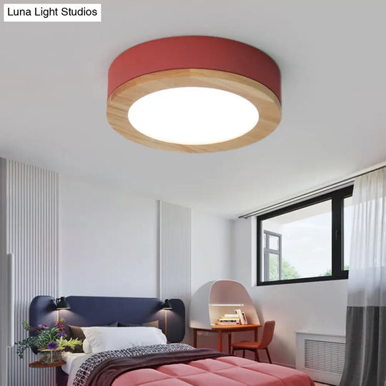 Kids Drum Ceiling Light With Wood And Acrylic Shade - Ideal Bedroom Flush Mount Fixture Red / 12