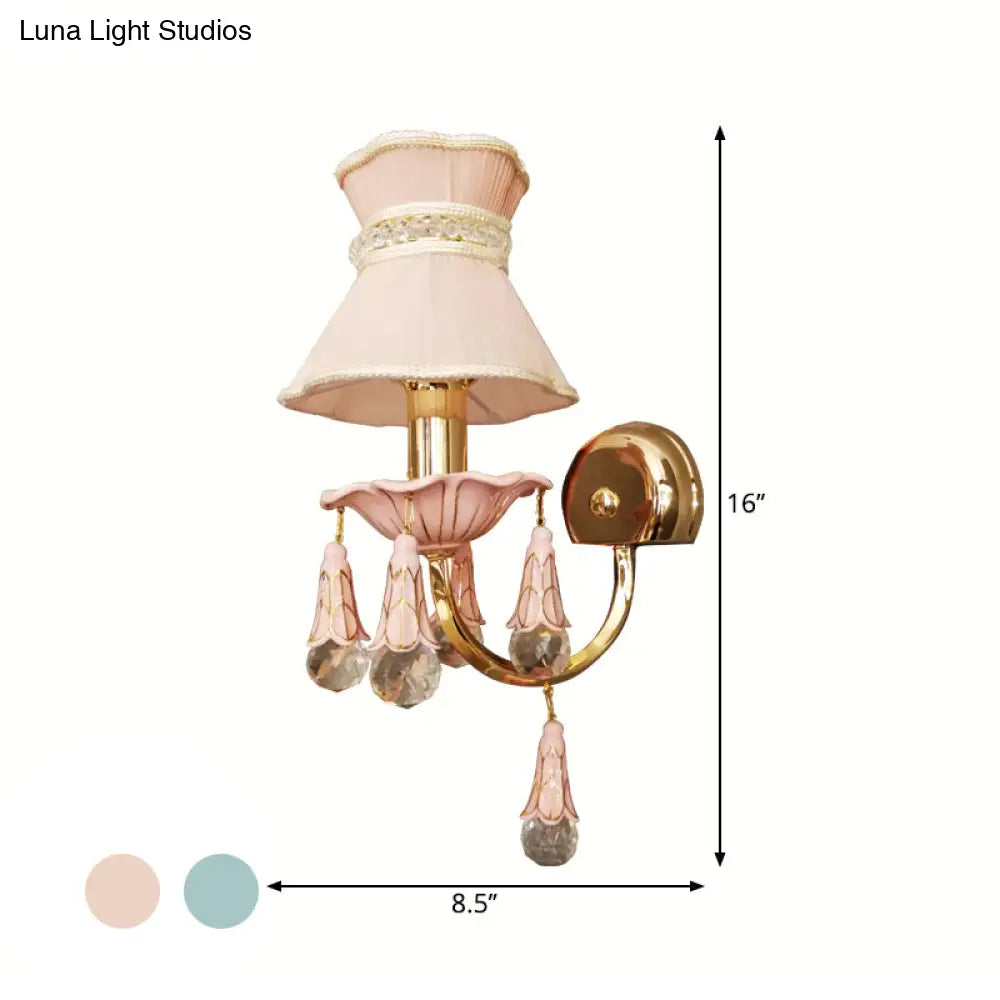 Kids Fabric Cone Wall Mount Light - Pink/Blue Lamp With Crystal Orbit Decor