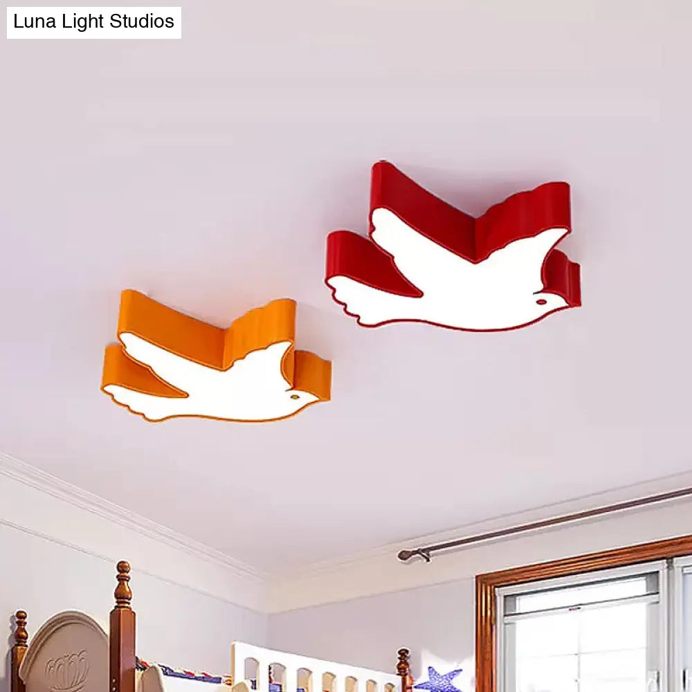 Kids Flying Pigeon Led Flush Mount Ceiling Fixture - White/Red/Yellow