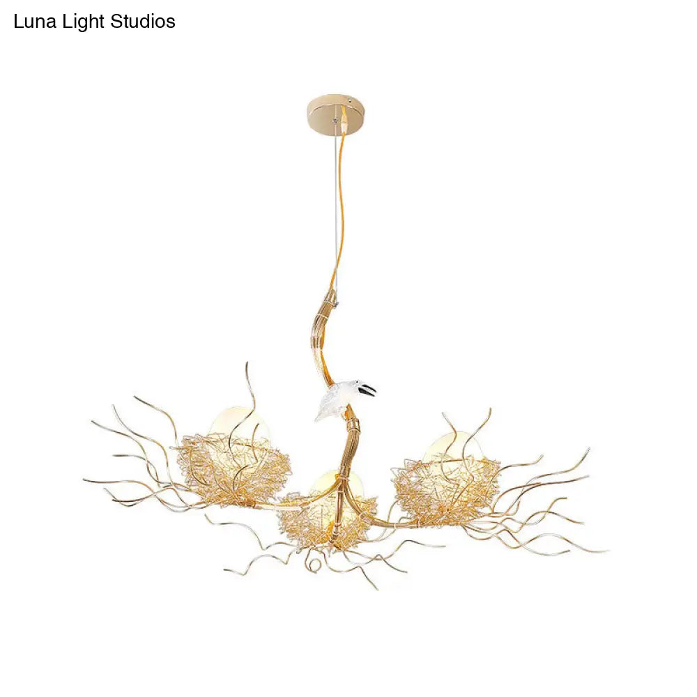 Kids Gold Chandelier - Cafe Thin Branch Pendant Lighting With Egg & Bird Accents 3 Metal Lights