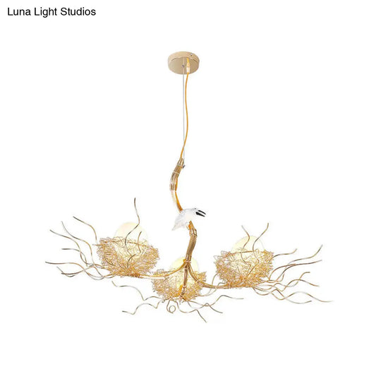 Kids Gold Chandelier - Cafe Thin Branch Pendant Lighting With Egg & Bird Accents 3 Metal Lights