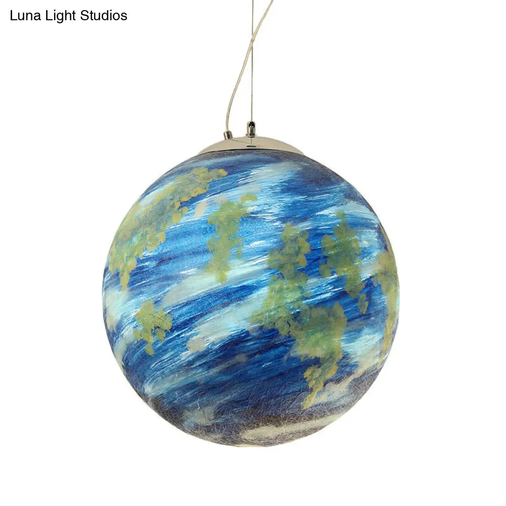 Kids Hanging Lamp: Saturn/Earth Sphere Light Blue/Yellow Glass Single-Bulb 8’/12’/16’ Dia