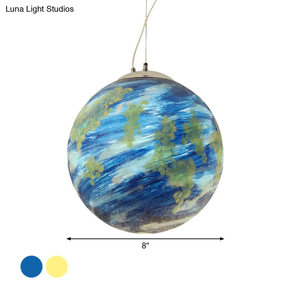 Kids Hanging Lamp: Saturn/Earth Sphere Light Blue/Yellow Glass Single-Bulb 8’/12’/16’ Dia