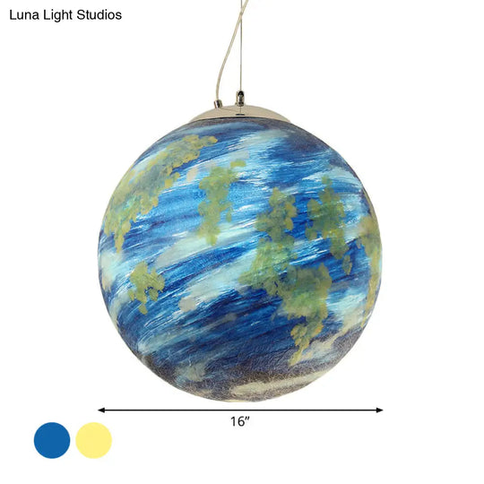 Kids Hanging Lamp: Saturn/Earth Sphere Light Blue/Yellow Glass Single-Bulb 8’/12’/16’ Dia