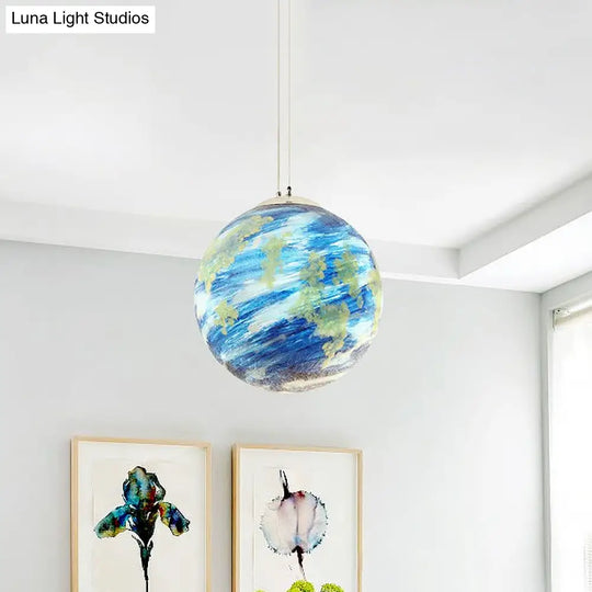 Kids Hanging Lamp: Saturn/Earth Sphere Light Blue/Yellow Glass Single-Bulb 8’/12’/16’ Dia