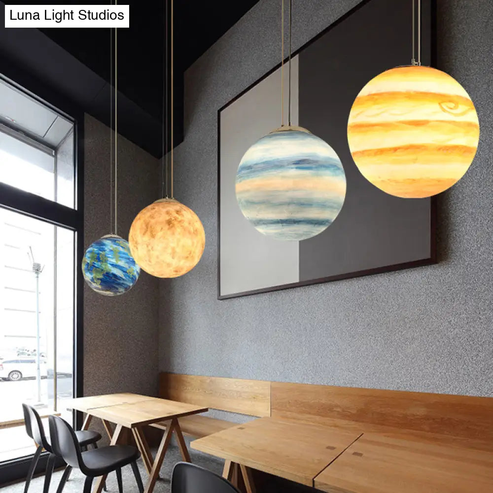 Kids Hanging Lamp: Saturn/Earth Sphere Light Blue/Yellow Glass Single-Bulb 8’/12’/16’ Dia