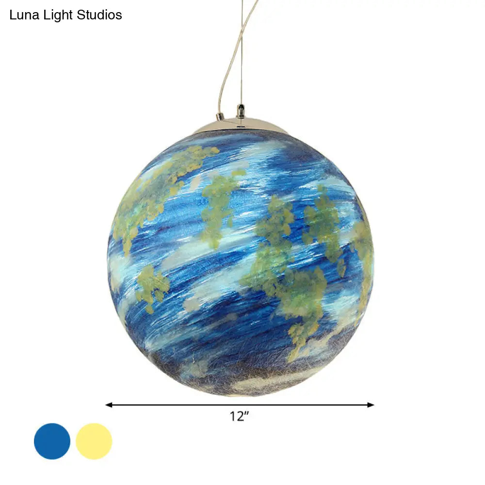 Kids Sphere Pendulum Hanging Lamp - Light Blue/Yellow Glass Single-Bulb Bedroom 8/12/16 Dia