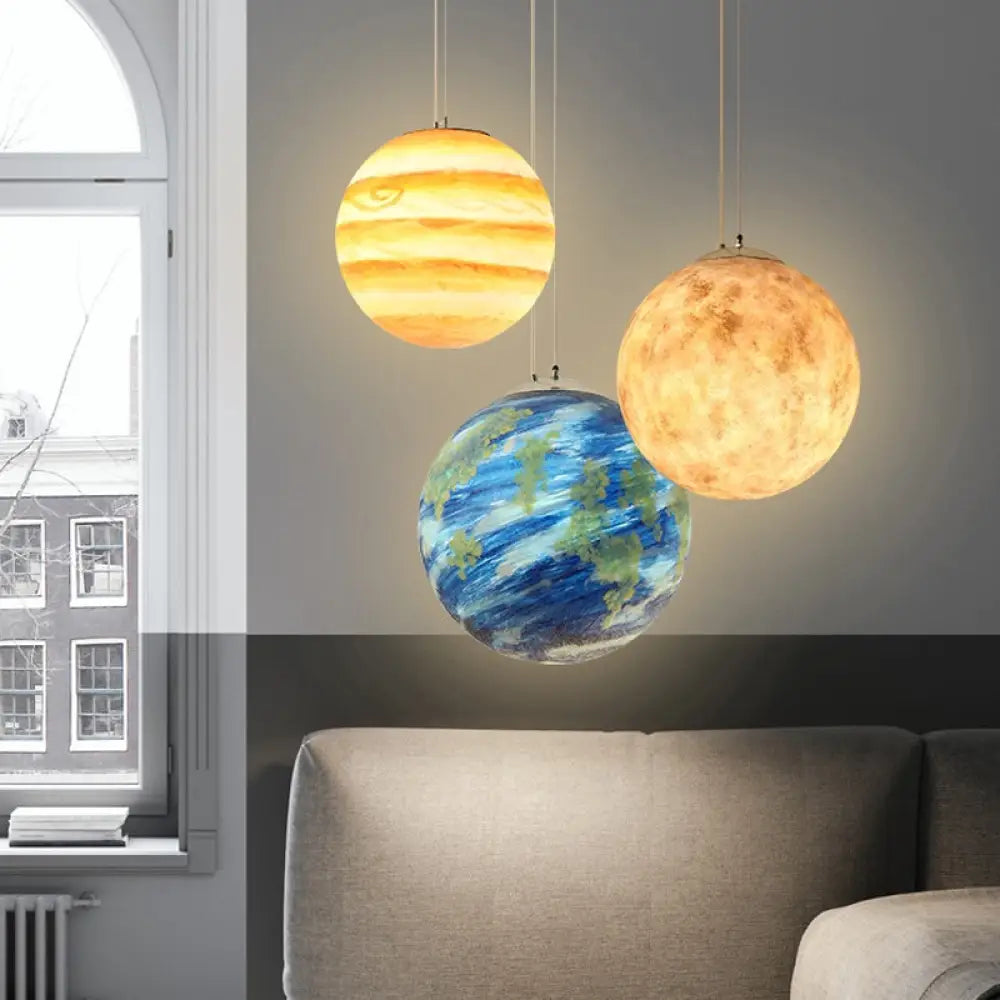 Kids Hanging Lamp: Saturn/Earth Sphere Light Blue/Yellow Glass Single-Bulb 8’/12’/16’ Dia Blue / 8’