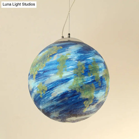 Kids Hanging Lamp: Saturn/Earth Sphere Light Blue/Yellow Glass Single-Bulb 8’/12’/16’ Dia