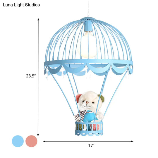Kids Hot Air Balloon Ceiling Light - Pink/Blue Hanging Pendant Lamp With Bear Decoration