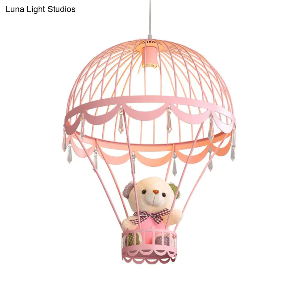 Kids Hot Air Balloon Ceiling Light - Pink/Blue Hanging Pendant Lamp With Bear Decoration