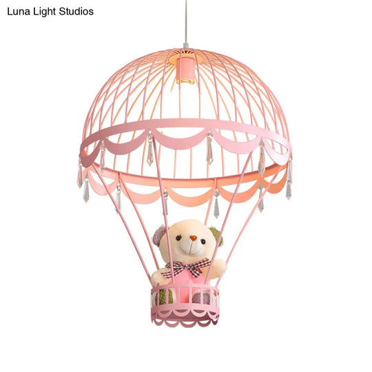 Kids Hot Air Balloon Ceiling Light - Pink/Blue Hanging Pendant Lamp With Bear Decoration