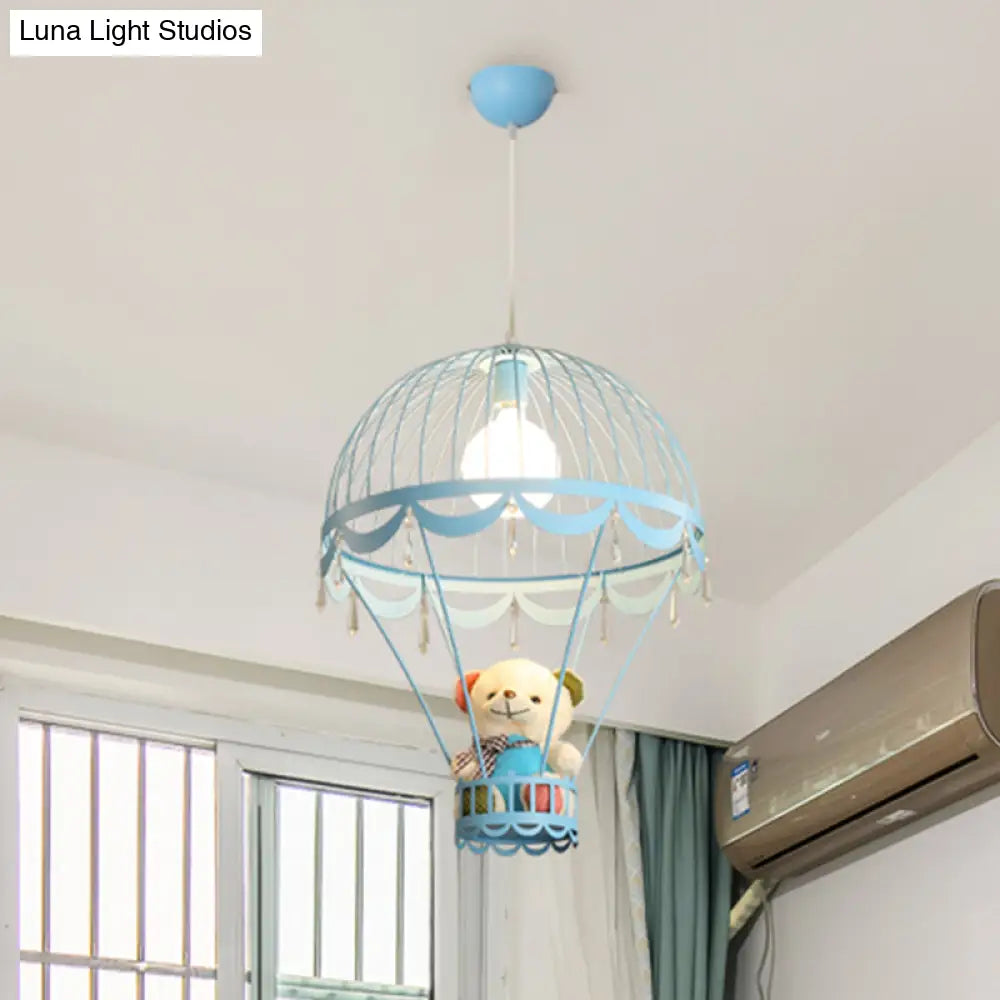 Kids Hot Air Balloon Ceiling Light - Pink/Blue Hanging Pendant Lamp With Bear Decoration