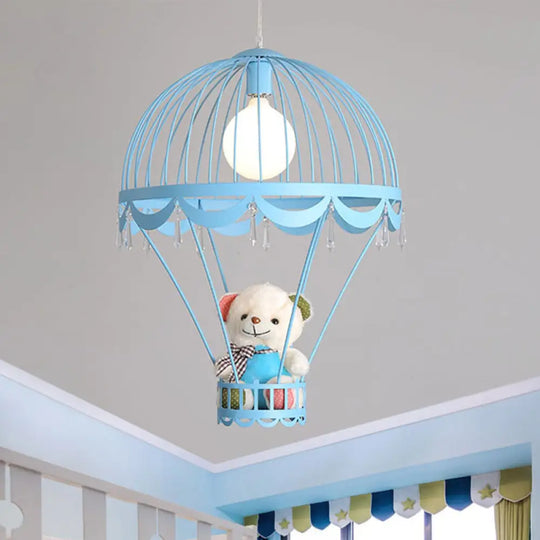 Kids Hot Air Balloon Ceiling Light - Pink/Blue Hanging Pendant Lamp With Bear Decoration Blue