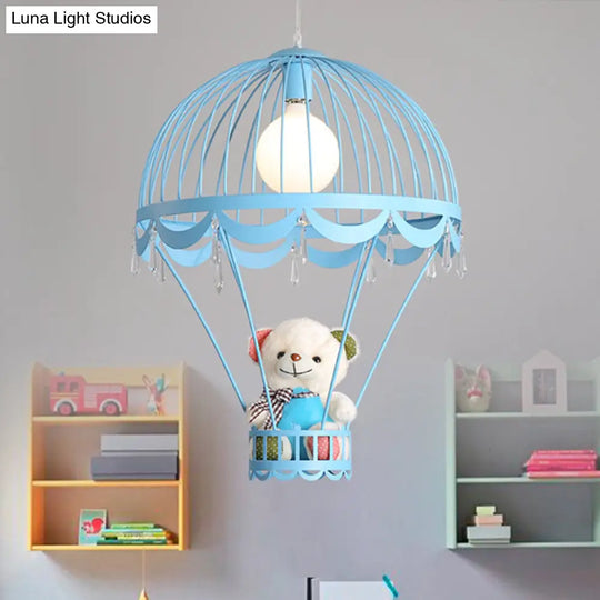 Kids Hot Air Balloon Ceiling Light - Pink/Blue Hanging Pendant Lamp With Bear Decoration