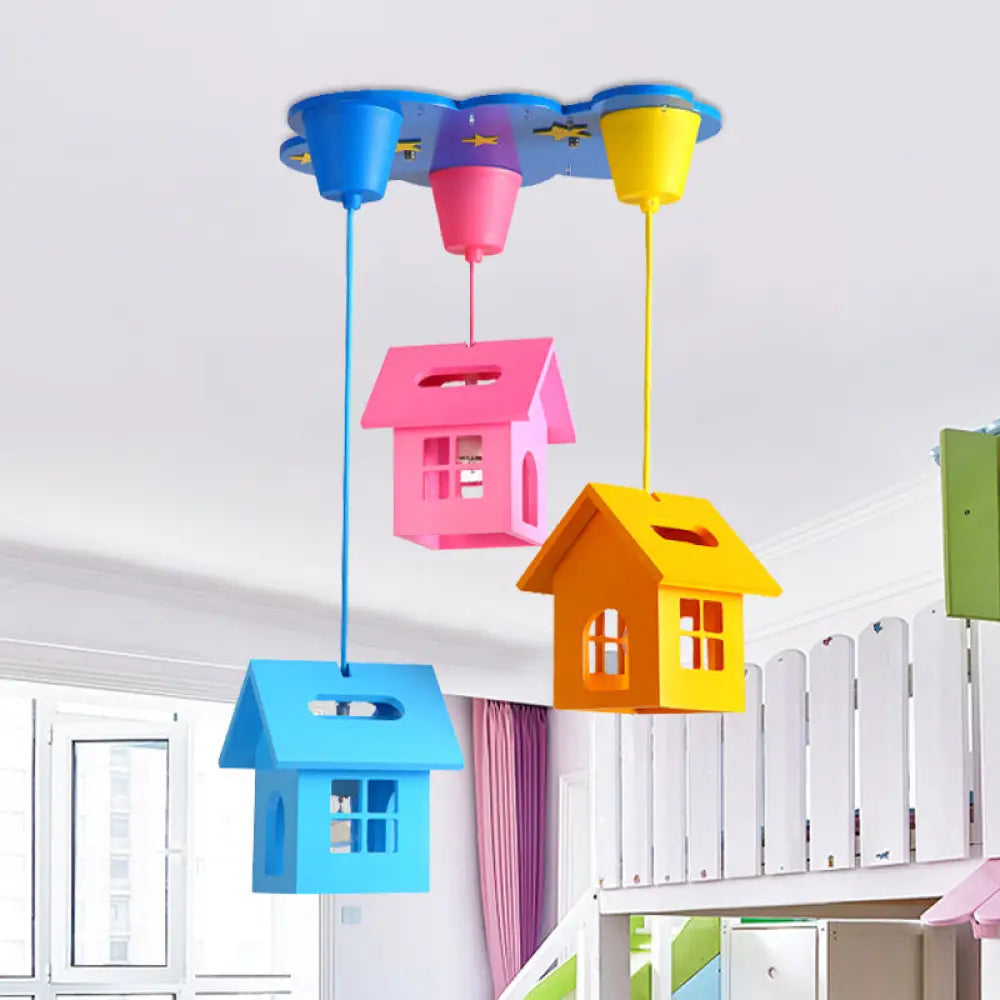 Kids Houselet Playroom Multi-Pendant Wood Ceiling Lamp - 3 Bulbs Blue-Pink-Yellow