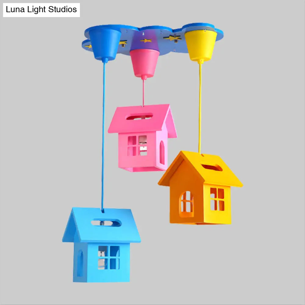 Kids Houselet Playroom Multi-Pendant Wood Ceiling Lamp - 3 Bulbs Blue-Pink-Yellow