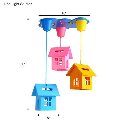 Kids Houselet Playroom Multi-Pendant Wood Ceiling Lamp - 3 Bulbs Blue-Pink-Yellow