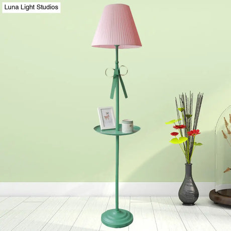 Kids Iron Single Green Floor Lamp With Pleated Beige/Pink Shade - Ribbon Standing Light