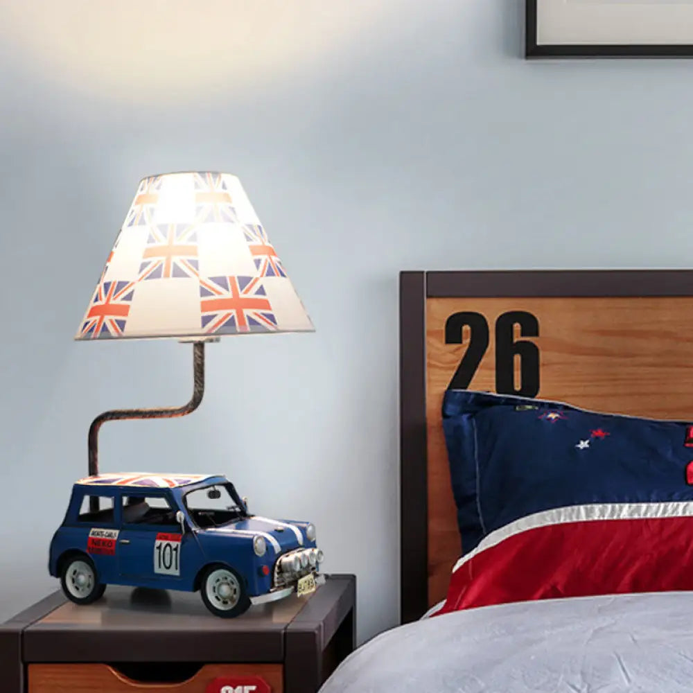 Kids Jeep Car Iron Table Lamp With Yellow/Blue Cross Fabric Shade Blue