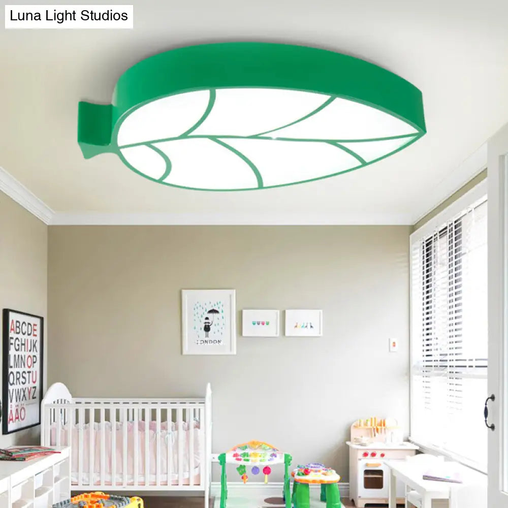 Kids Leaf Led Ceiling Lamp - Cartoon Acrylic Metal Flush Mount Light Green / White