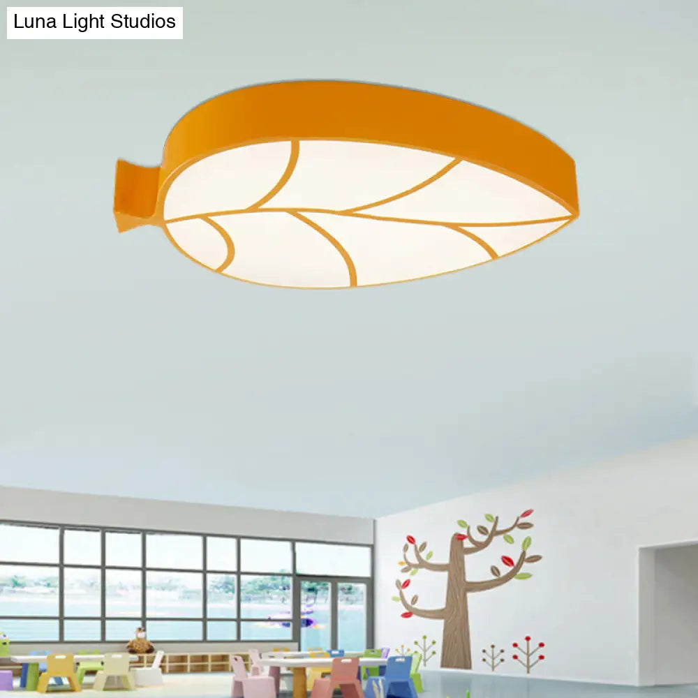 Kids Leaf Led Ceiling Lamp - Cartoon Acrylic Metal Flush Mount Light Orange / White