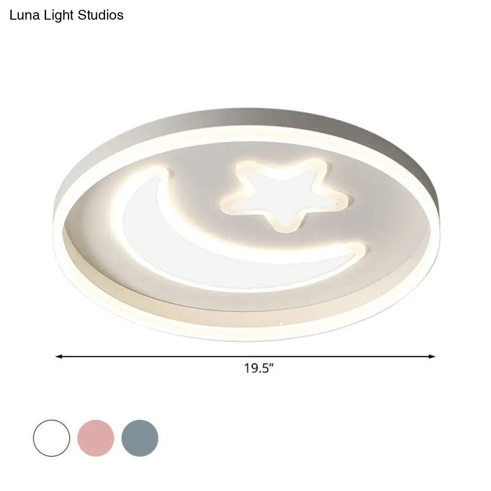 Kids Led Bedroom Flush Mount Moon And Star Light Fixture In White/Pink/Blue Acrylic Shade