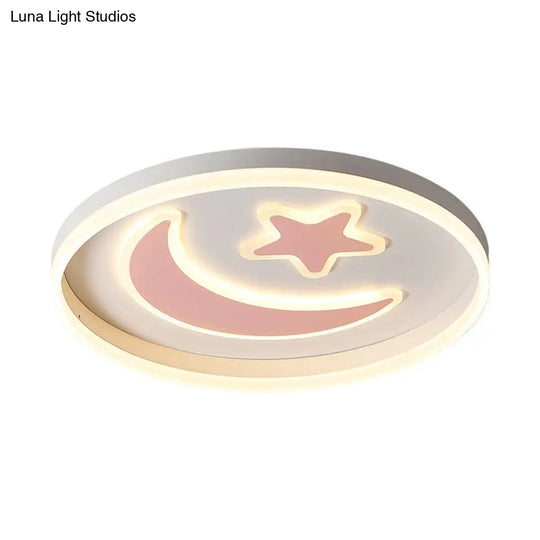 Kids Led Bedroom Flush Mount Moon And Star Light Fixture In White/Pink/Blue Acrylic Shade