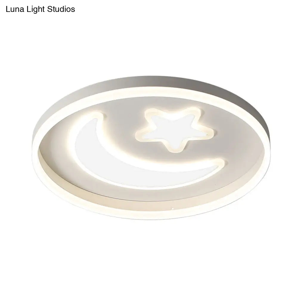 Kids Led Bedroom Flush Mount Moon And Star Light Fixture In White/Pink/Blue Acrylic Shade