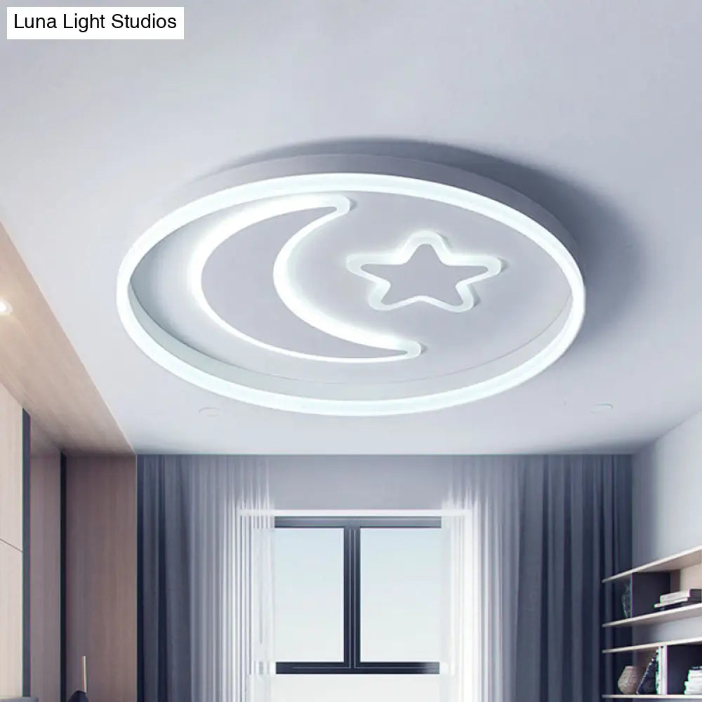 Kids Led Bedroom Flush Mount Moon And Star Light Fixture In White/Pink/Blue Acrylic Shade