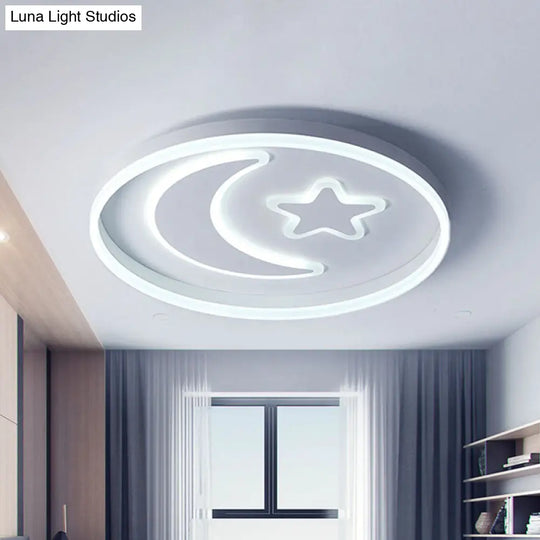 Kids Led Bedroom Flush Mount Moon And Star Light Fixture In White/Pink/Blue Acrylic Shade