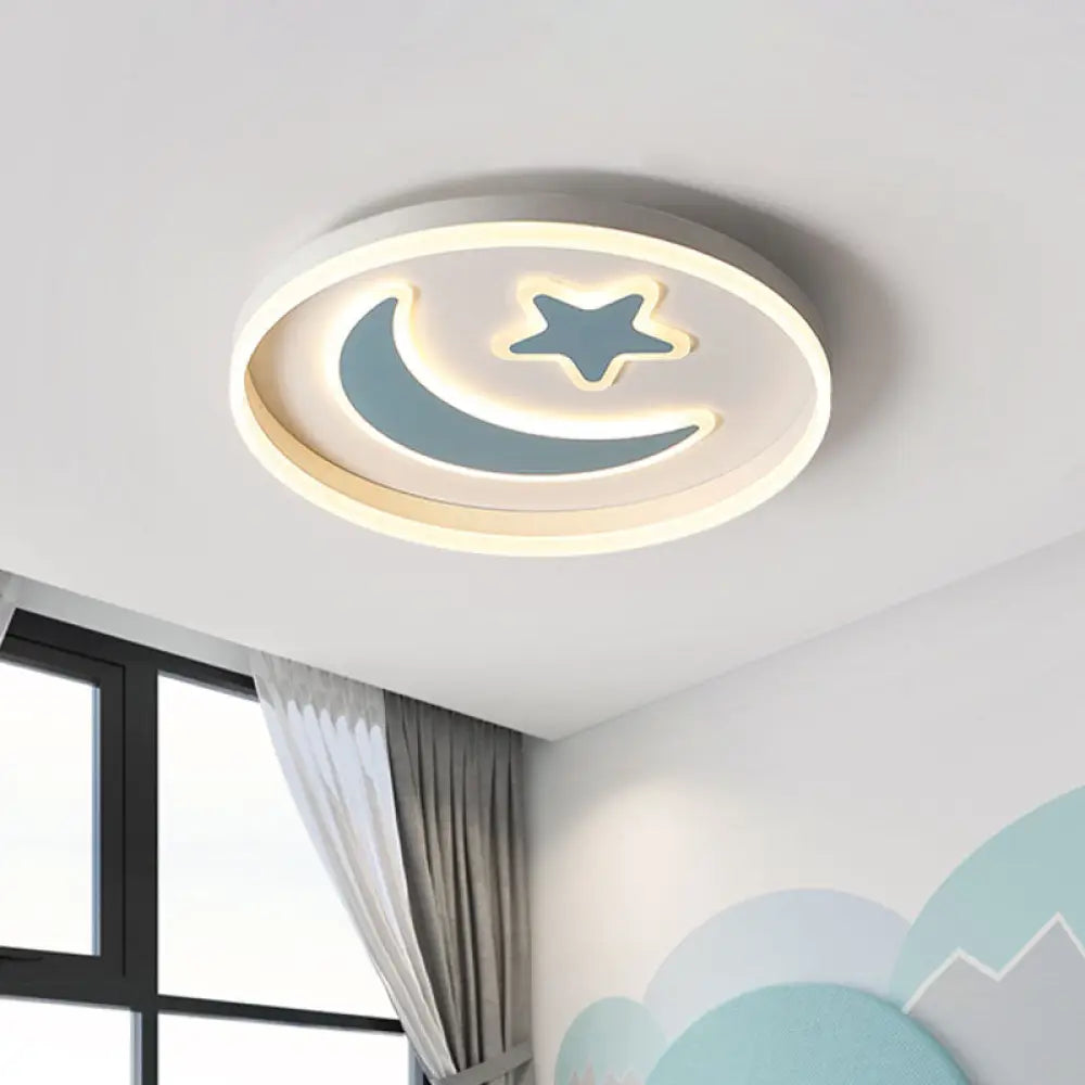Kids Led Bedroom Flush Mount Moon And Star Light Fixture In White/Pink/Blue Acrylic Shade Blue