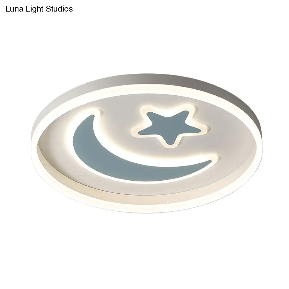 Kids Led Bedroom Flush Mount Moon And Star Light Fixture In White/Pink/Blue Acrylic Shade