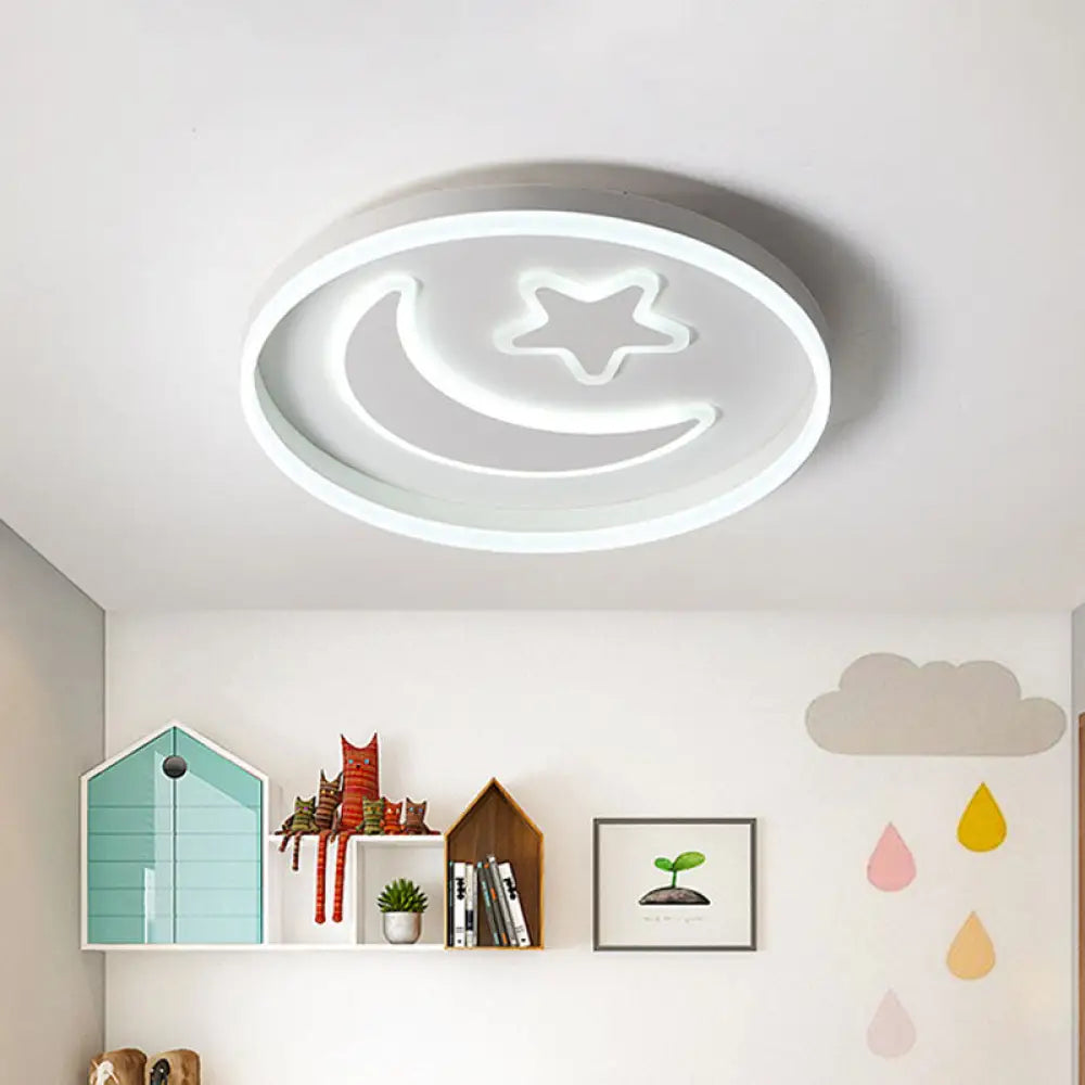 Kids Led Bedroom Flush Mount Moon And Star Light Fixture In White/Pink/Blue Acrylic Shade White